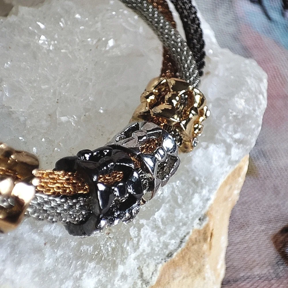 Multi Tri Colored Metal Mesh Tube Rhinestone Bracelet Gold Silver Tone Gunmetal